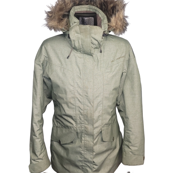 Helly Hansen Women's Light Green Arctic Legacy Series Parka with Faux Fur Hood M - Picture 1 of 7
